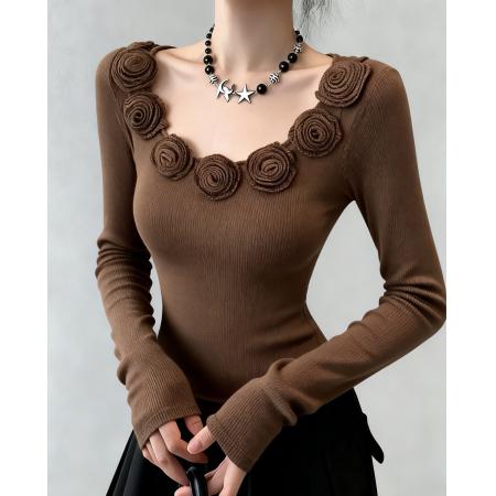 FA47369# 琥珀流光法式立体花朵修身大圆领长袖针织衫T恤  服裝批發女裝批發服飾貨源