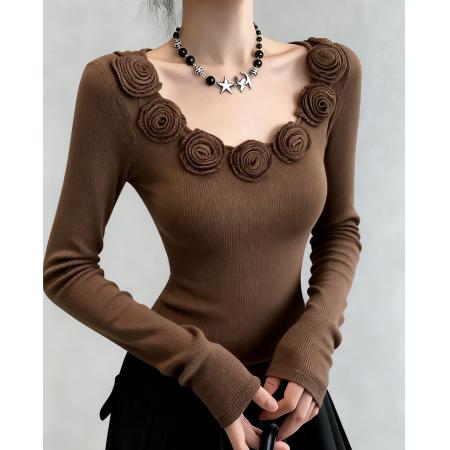 FA47369# 琥珀流光法式立体花朵修身大圆领长袖针织衫T恤  服裝批發女裝批發服飾貨源