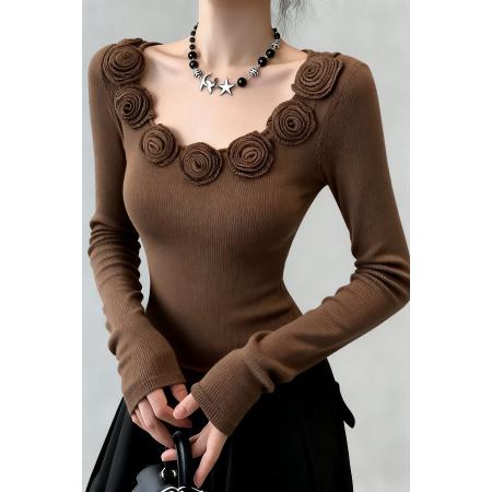 FA47369# 琥珀流光法式立体花朵修身大圆领长袖针织衫T恤  服裝批發女裝批發服飾貨源