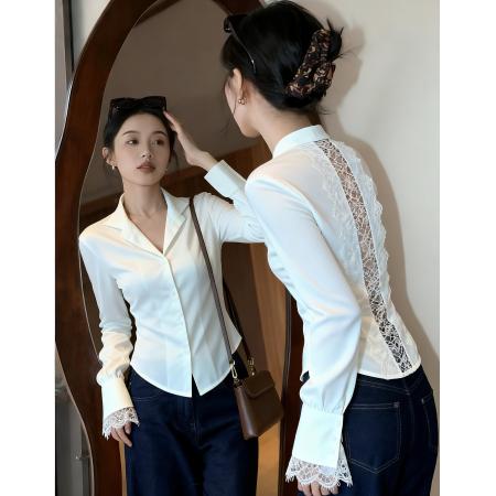 FA47370# 智性姐感白色拼蕾丝翻领莱赛尔修身性感拼接长袖衬衫  服裝批發女裝批發服飾貨源
