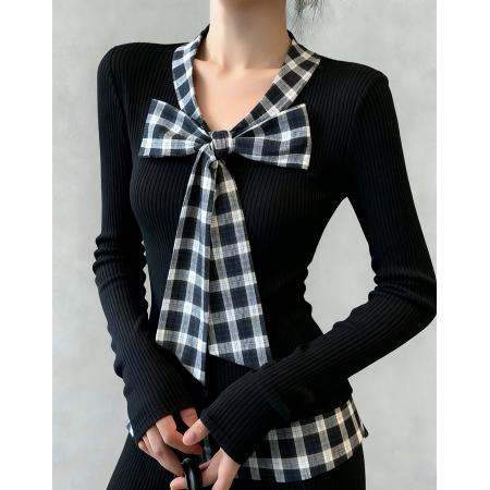 FA47371# 格纹学院韩系假两件拼格子系带蝴蝶结T恤  服裝批發女裝批發服飾貨源