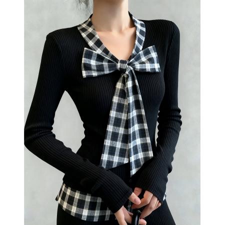 FA47371# 格纹学院韩系假两件拼格子系带蝴蝶结T恤  服裝批發女裝批發服飾貨源