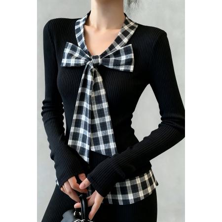 FA47371# 格纹学院韩系假两件拼格子系带蝴蝶结T恤  服裝批發女裝批發服飾貨源