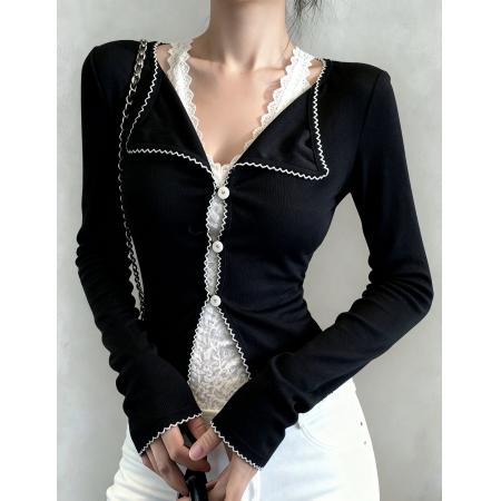 FA47372# 云朵慕斯黑色拼蕾丝V领长袖假两件针织衫修身T恤  服裝批發女裝批發服飾貨源
