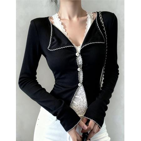 FA47372# 云朵慕斯黑色拼蕾丝V领长袖假两件针织衫修身T恤  服裝批發女裝批發服飾貨源
