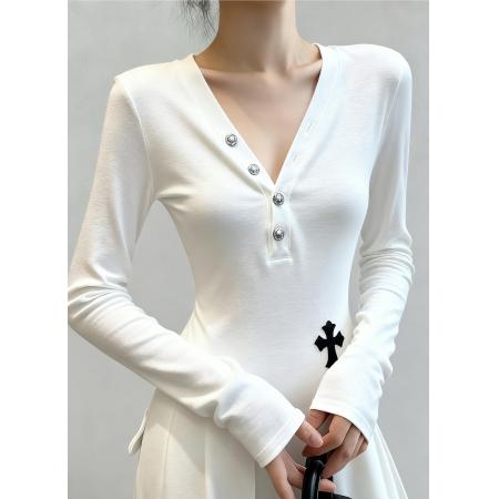 FA47373# V领长袖t恤女秋冬新款设计感内搭上衣修身显瘦薄款纯棉打底衫  服裝批發女裝批發服飾貨源