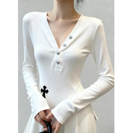 FA47373# V领长袖t恤女秋冬新款设计感内搭上衣修身显瘦薄款纯棉打底衫  服裝批發女裝批發服飾貨源