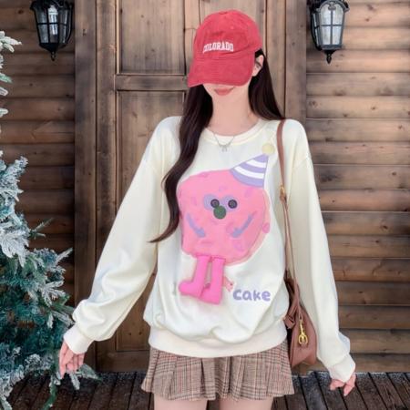 FA47374# 华棉复合甜美减龄长袖卫衣女重工卡通刺绣宽松加绒长袖上衣  服裝批發女裝批發服飾貨源