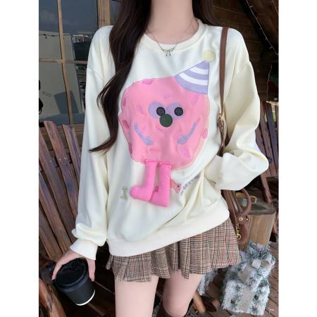 FA47374# 华棉复合甜美减龄长袖卫衣女重工卡通刺绣宽松加绒长袖上衣  服裝批發女裝批發服飾貨源