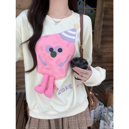 FA47374# 华棉复合甜美减龄长袖卫衣女重工卡通刺绣宽松加绒长袖上衣  服裝批發女裝批發服飾貨源