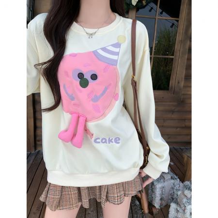 FA47374# 华棉复合甜美减龄长袖卫衣女重工卡通刺绣宽松加绒长袖上衣  服裝批發女裝批發服飾貨源