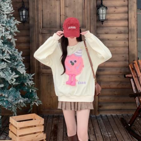 FA47374# 华棉复合甜美减龄长袖卫衣女重工卡通刺绣宽松加绒长袖上衣  服裝批發女裝批發服飾貨源