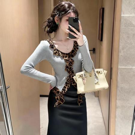 FA47375# 复古豹纹拼接长袖T恤女秋冬修身显瘦高级感纯欲打底衫上衣  服裝批發女裝批發服飾貨源