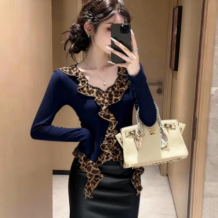 FA47375# 复古豹纹拼接长袖T恤女秋冬修身显瘦高级感纯欲打底衫上衣  服裝批發女裝批發服飾貨源