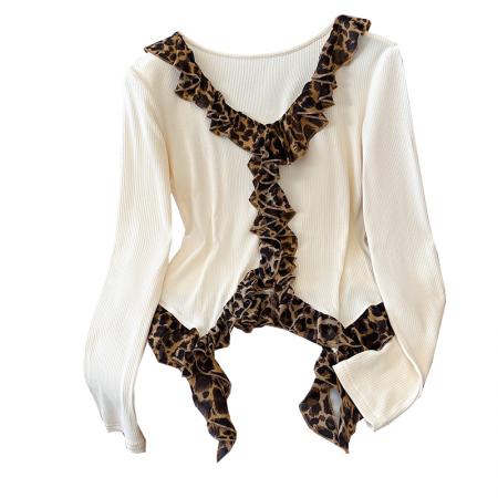 FA47375# 复古豹纹拼接长袖T恤女秋冬修身显瘦高级感纯欲打底衫上衣  服裝批發女裝批發服飾貨源