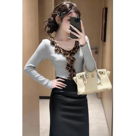 FA47375# 复古豹纹拼接长袖T恤女秋冬修身显瘦高级感纯欲打底衫上衣  服裝批發女裝批發服飾貨源