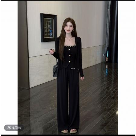 FA47378# 微醺流光黑巧塔塔亮闪纽扣吊带长袖外胎百搭直筒长裤三件套  服裝批發女裝批發服飾貨源