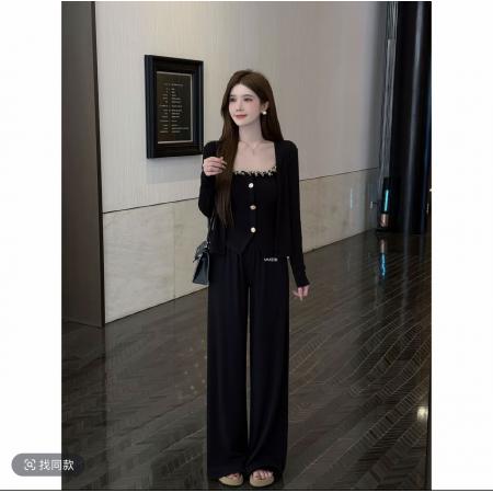 FA47378# 微醺流光黑巧塔塔亮闪纽扣吊带长袖外胎百搭直筒长裤三件套  服裝批發女裝批發服飾貨源