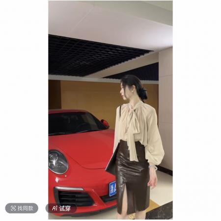 FA47379# 全智贤老钱风直身开衩皮裙半身裙+飘带极简100%人丝衬衫  服裝批發女裝批發服飾貨源