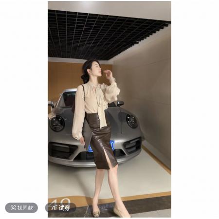 FA47379# 全智贤老钱风直身开衩皮裙半身裙+飘带极简100%人丝衬衫  服裝批發女裝批發服飾貨源