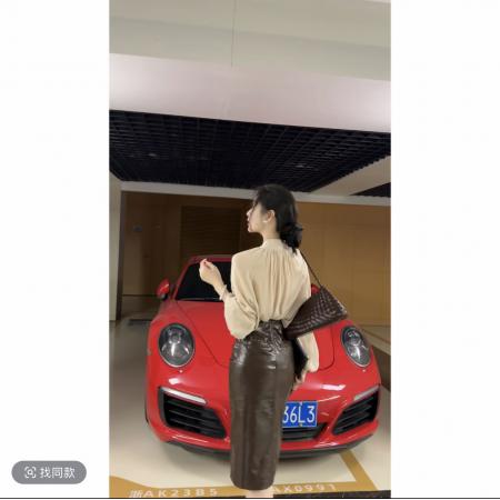 FA47379# 全智贤老钱风直身开衩皮裙半身裙+飘带极简100%人丝衬衫  服裝批發女裝批發服飾貨源