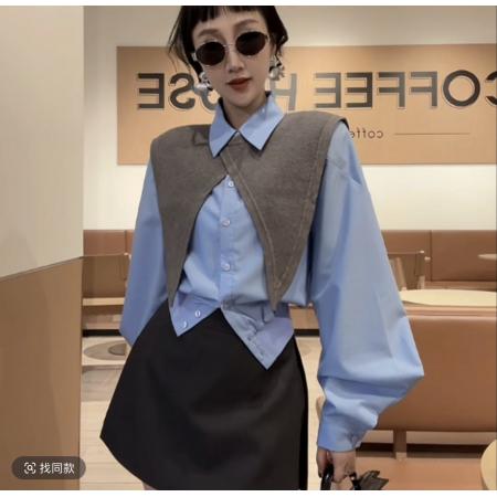 FA47381# 领羊腿袖秋极简风小众设计感衬衫两件套+裤裙  服裝批發女裝批發服飾貨源