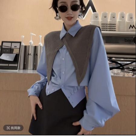 FA47381# 领羊腿袖秋极简风小众设计感衬衫两件套+裤裙  服裝批發女裝批發服飾貨源