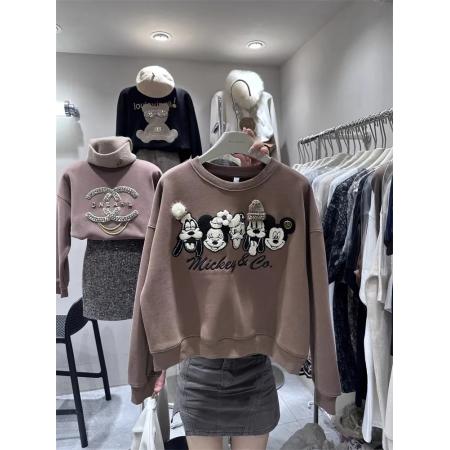 FA47382# 秋冬新款女装短外套宽松欧货重工刺绣米奇长袖套头加绒卫衣小个子  服裝批發女裝批發服飾貨源