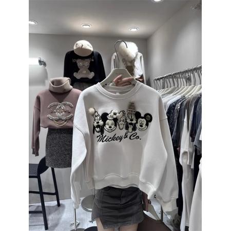 FA47382# 秋冬新款女装短外套宽松欧货重工刺绣米奇长袖套头加绒卫衣小个子  服裝批發女裝批發服飾貨源