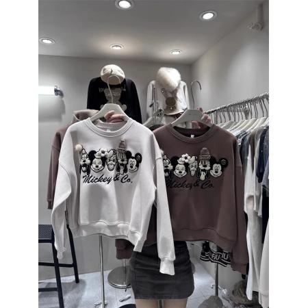 FA47382# 秋冬新款女装短外套宽松欧货重工刺绣米奇长袖套头加绒卫衣小个子  服裝批發女裝批發服飾貨源