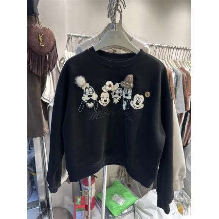 FA47382# 秋冬新款女装短外套宽松欧货重工刺绣米奇长袖套头加绒卫衣小个子  服裝批發女裝批發服飾貨源