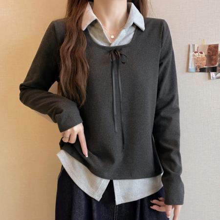 FA47384# 冬季大码长袖假两件T恤加厚保暖显瘦百搭减龄别致打底衫  服裝批發女裝批發服飾貨源