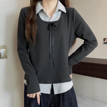 FA47384# 冬季大码长袖假两件T恤加厚保暖显瘦百搭减龄别致打底衫  服裝批發女裝批發服飾貨源