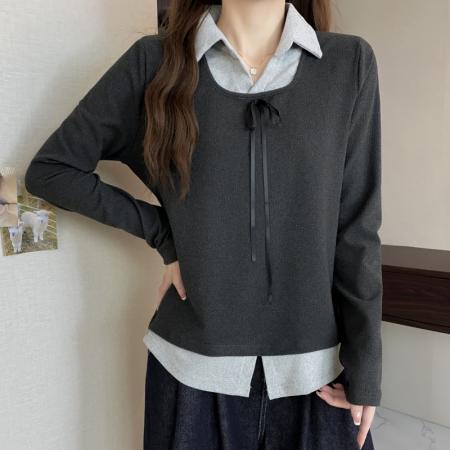 FA47384# 冬季大码长袖假两件T恤加厚保暖显瘦百搭减龄别致打底衫  服裝批發女裝批發服飾貨源