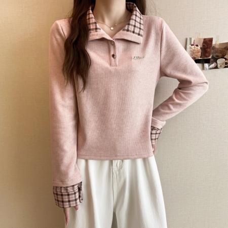 FA47385# 冬季大码长袖假两件T恤加厚保暖显瘦百搭减龄别致打底衫  服裝批發女裝批發服飾貨源