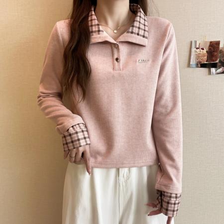 FA47385# 冬季大码长袖假两件T恤加厚保暖显瘦百搭减龄别致打底衫  服裝批發女裝批發服飾貨源