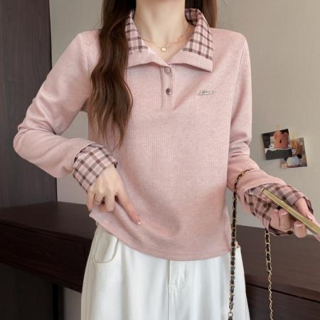 FA47385# 冬季大码长袖假两件T恤加厚保暖显瘦百搭减龄别致打底衫  服裝批發女裝批發服飾貨源