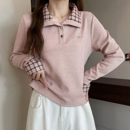 FA47385# 冬季大码长袖假两件T恤加厚保暖显瘦百搭减龄别致打底衫  服裝批發女裝批發服飾貨源