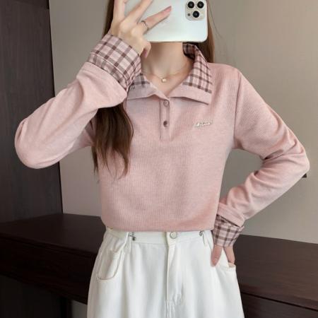 FA47385# 冬季大码长袖假两件T恤加厚保暖显瘦百搭减龄别致打底衫  服裝批發女裝批發服飾貨源