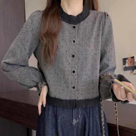 FA47386# 新款时尚设计感木耳边长袖衬衫女时尚洋气百搭气质上衣服  服裝批發女裝批發服飾貨源