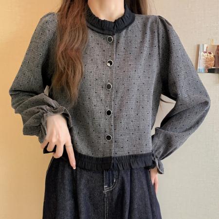 FA47386# 新款时尚设计感木耳边长袖衬衫女时尚洋气百搭气质上衣服  服裝批發女裝批發服飾貨源