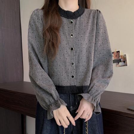 FA47386# 新款时尚设计感木耳边长袖衬衫女时尚洋气百搭气质上衣服  服裝批發女裝批發服飾貨源