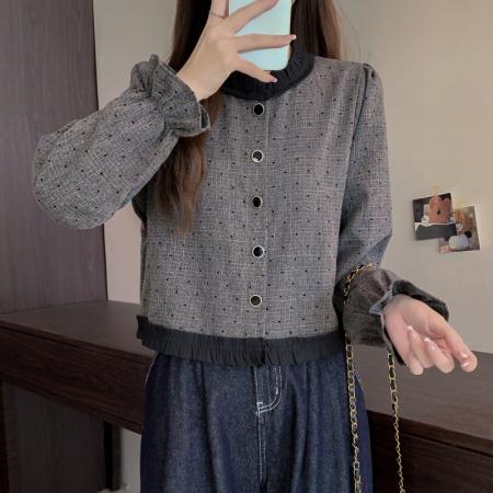 FA47386# 新款时尚设计感木耳边长袖衬衫女时尚洋气百搭气质上衣服  服裝批發女裝批發服飾貨源