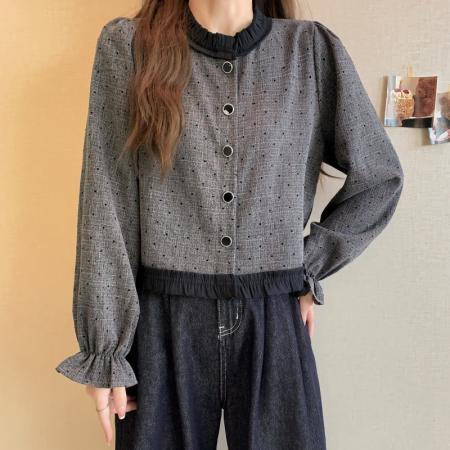 FA47386# 新款时尚设计感木耳边长袖衬衫女时尚洋气百搭气质上衣服  服裝批發女裝批發服飾貨源