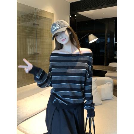 FA47387# 韩系斜领露肩撞色条纹针织上衣女  服裝批發女裝批發服飾貨源