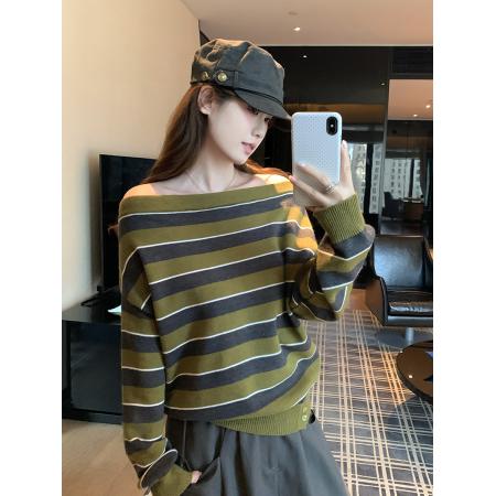 FA47387# 韩系斜领露肩撞色条纹针织上衣女  服裝批發女裝批發服飾貨源