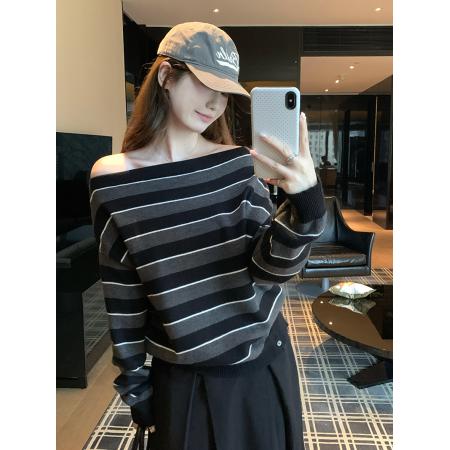 FA47387# 韩系斜领露肩撞色条纹针织上衣女  服裝批發女裝批發服飾貨源