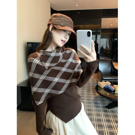 FA47388# 秋季新款气质半高领格子斗篷两件套上衣  服裝批發女裝批發服飾貨源