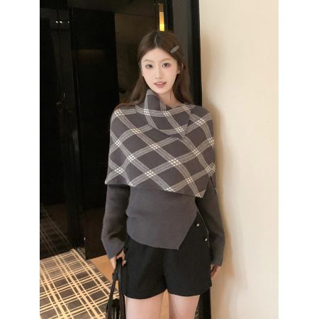 FA47388# 秋季新款气质半高领格子斗篷两件套上衣  服裝批發女裝批發服飾貨源