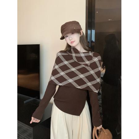 FA47388# 秋季新款气质半高领格子斗篷两件套上衣  服裝批發女裝批發服飾貨源